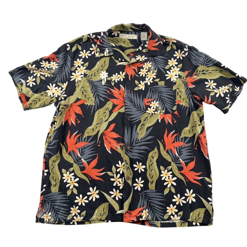 Island Republic Silk Shirt Mens Large Black Green Red Floral Palms Summer Party